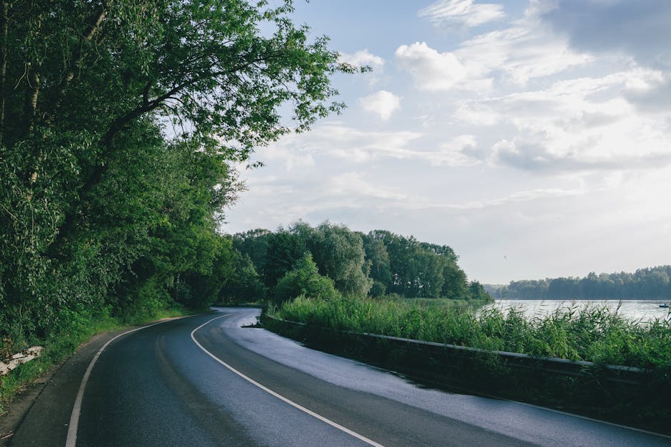 Curved road alongside a river with lush greenery and a serene sky, perfect for travel themes.