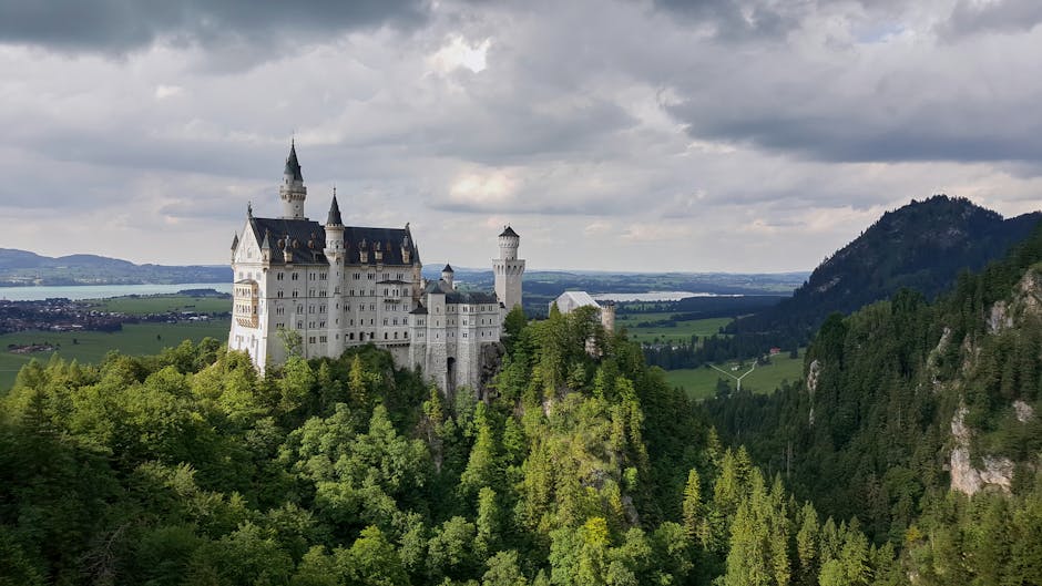 Aerial view of Neuschwanstein Castle surrounded by lush greenery in Schwangau, Germany.