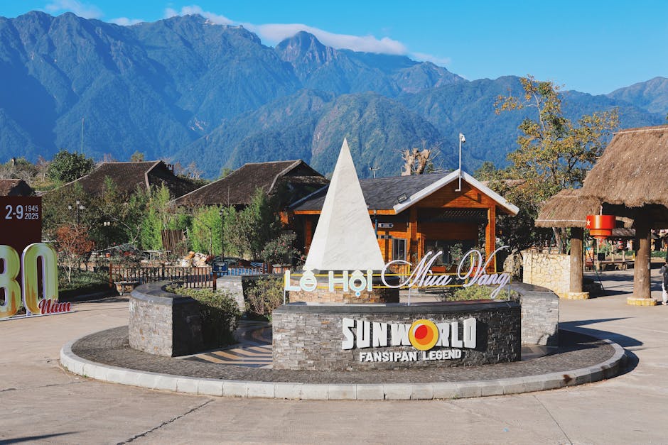 Entrance of Sun World Fansipan Legend in Sa Pa with mountain view.