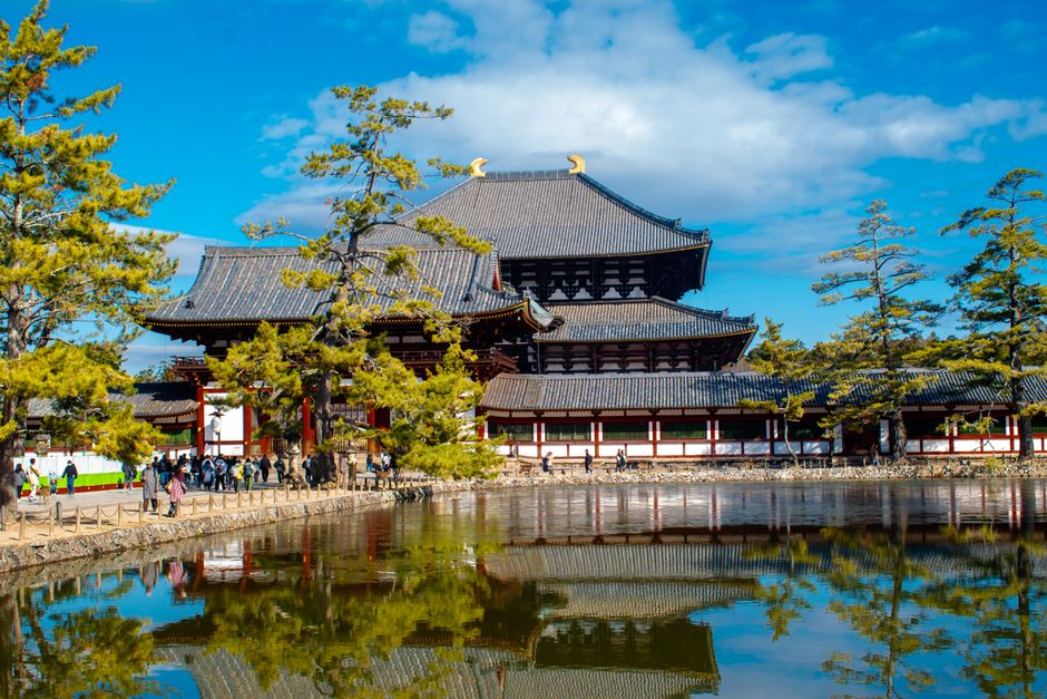 Scenic view of Todaiji Temple reflected in a tranquil pond, Nara, Japan.