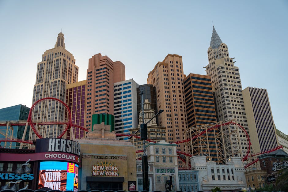 View of the iconic New York New York Hotel in Las Vegas featuring famous replicas of skyscrapers.