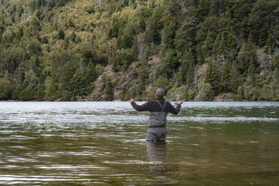 A lone angler fly fishing in a tranquil lake in Río Negro, surrounded by lush forest.