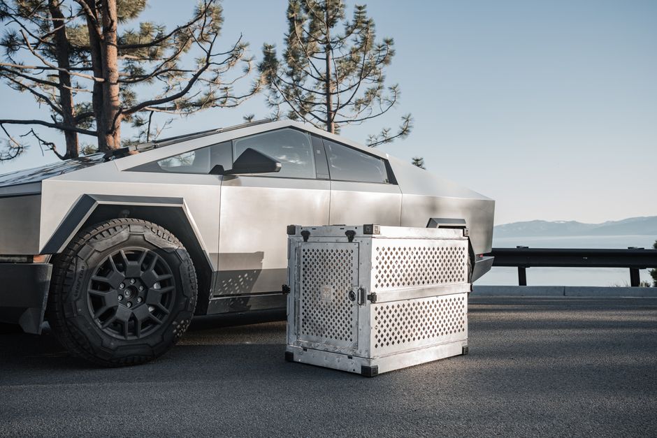 Futuristic vehicle parked by a lake with a robust dog crate in a scenic outdoor setting.