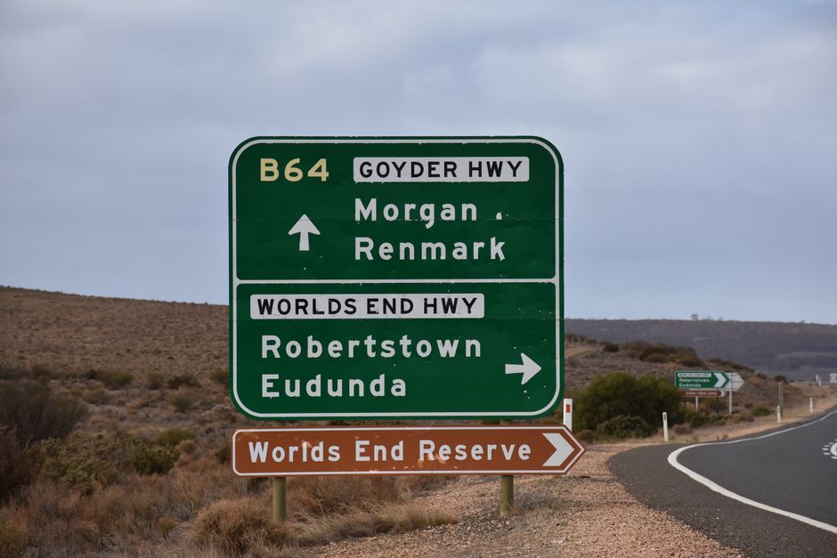 Highway signs directing to Morgan, Renmark, Robertstown, Eudunda, and Worlds End Reserve in Australia.