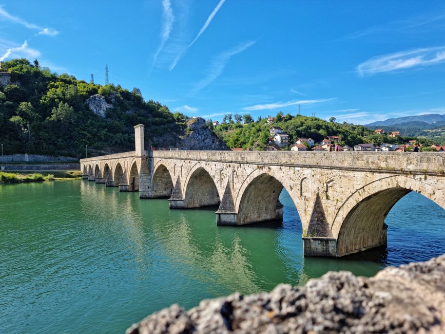 Stunning view of the Mehmed Paša Sokolović Bridge over the Drina River in Višegrad, Bosnia and Herzegovina.