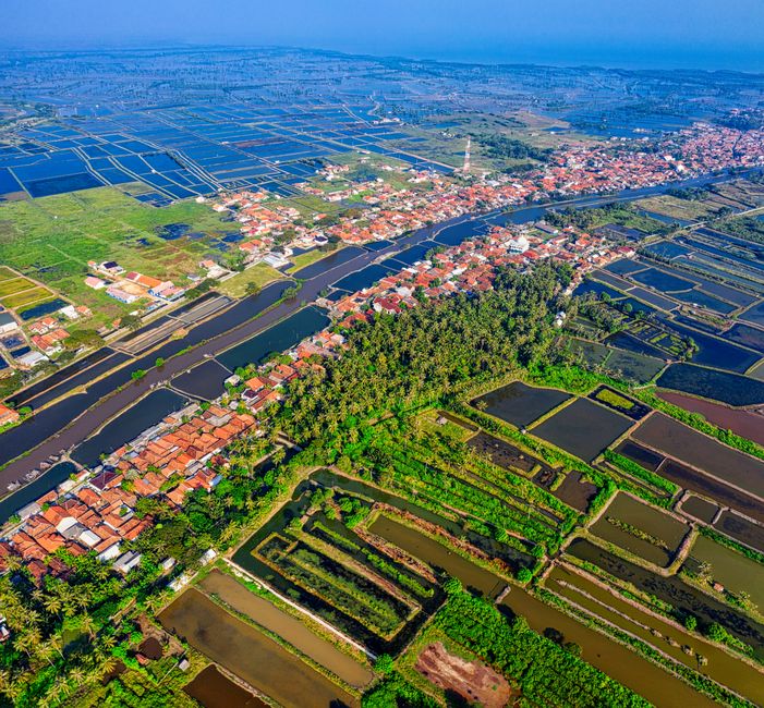 A breathtaking aerial view of rural farmland and residential area in Banten, Indonesia.