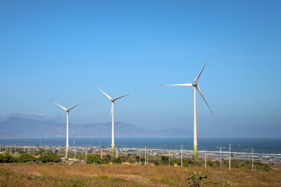 Rows of wind generators on land with plants against sea and mountain in daylight